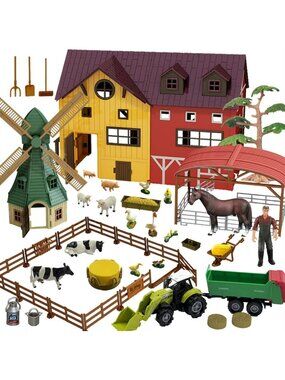 140-Piece Farm Animal Figurines Playset - Barn, Tractor, Windmill & Fencing for